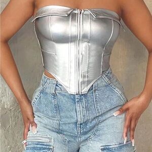 Silver Metallic Zip Front Corset Top Strapless Cyber Y2K Festival Tube Top M